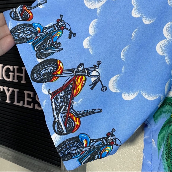 Vintage 90’s Motorcycle Blue Hawaiian Shirt Medium - Picture 3 of 6